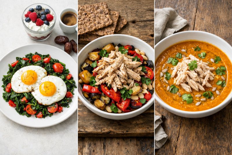 Понедельник — яйца с кейлом и помидорами, миска с курицей и запечёнными овощами, тыквенный суп с чечевицей