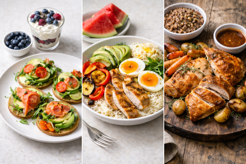 Суббота — блины с малосольным лососем, восстановительная миска, запечённая курица с овощами