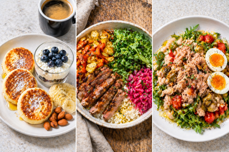 Воскресенье — сырники на завтрак, миска с остатками курицы с субботы, салат из белой фасолью и тунцом