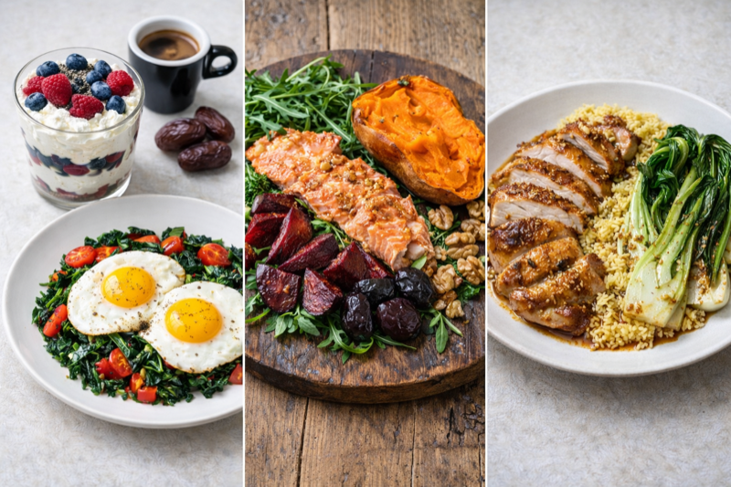 Четверг — протеин и завтрак, лосось с бататом и салатом из свёклы, курица с пшеном и пак-чой