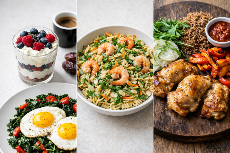 Вторник — тарелка с творогом и яйцами, нутовые роттини с креветками, куриные бёдра с гречкой